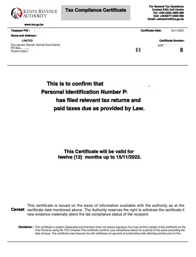 KRA Compliance Certificate in Narumoro