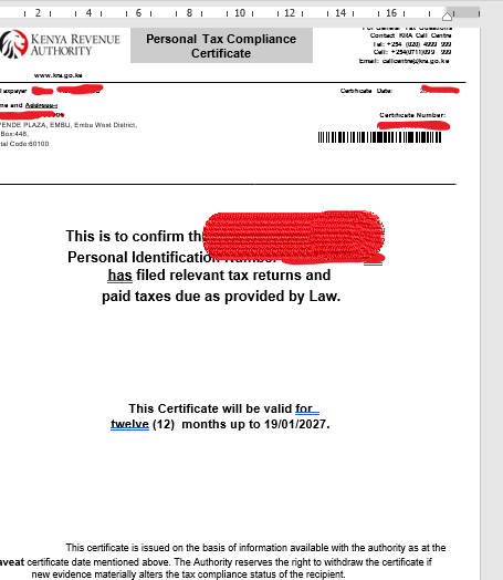 KRA Compliance Certificate in Kagio